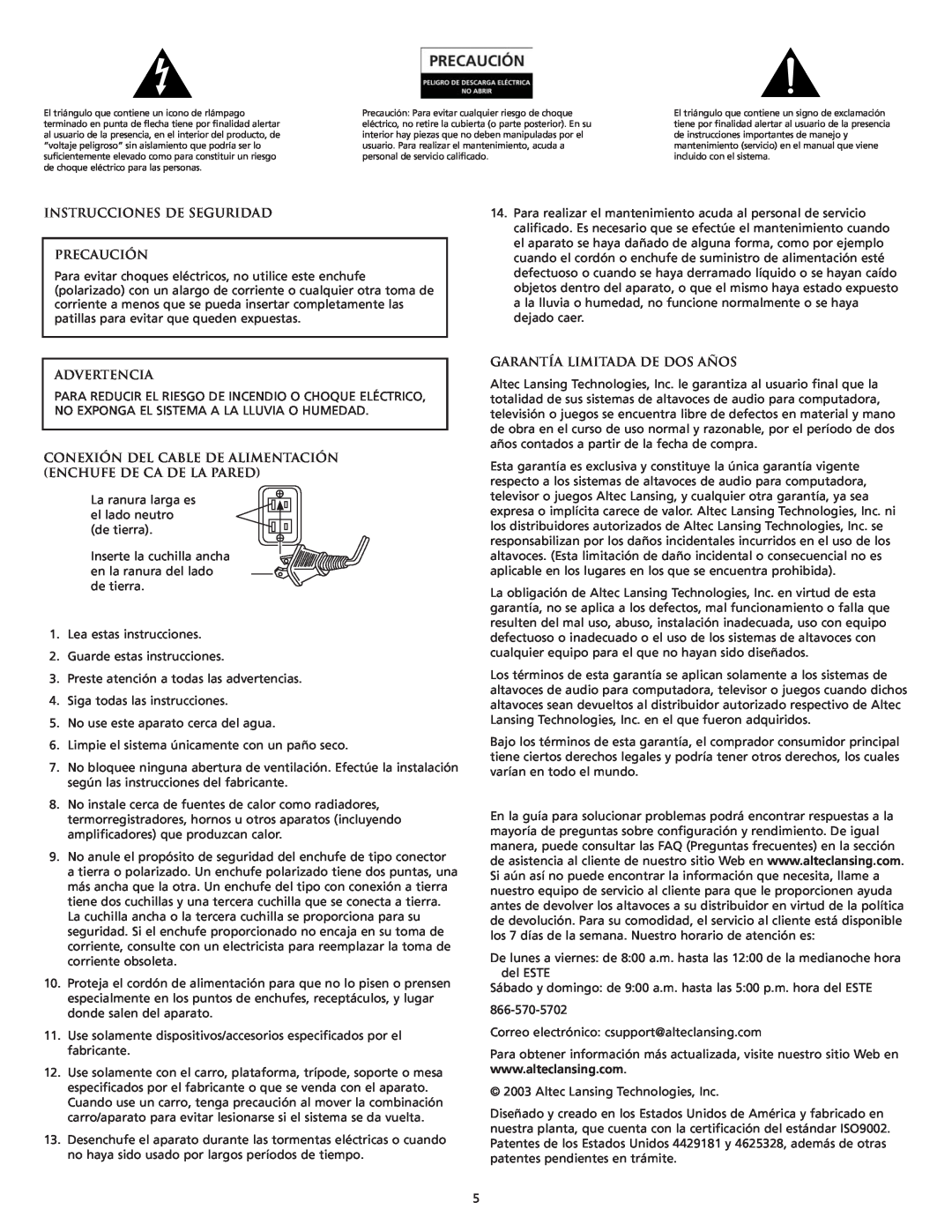 Altec Lansing VS4121 manual Instrucciones De Seguridad Precaución, Advertencia, Garantía Limitada De Dos Años 