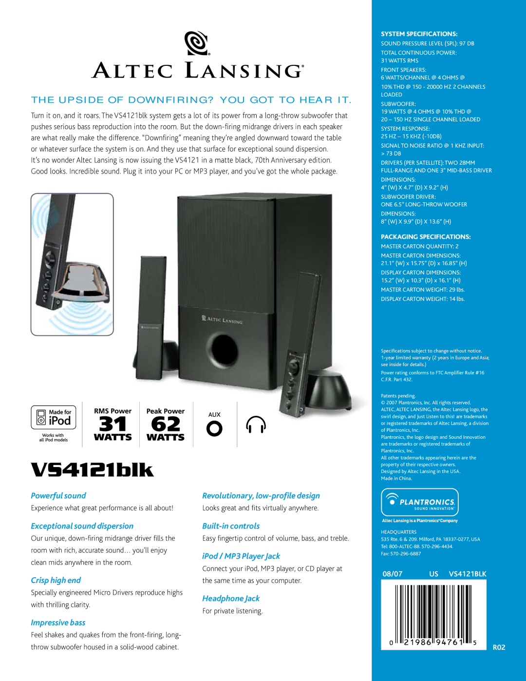 Altec Lansing VS4121BLK manual Upside of Downfiring? You Got to Hear It, Powerful sound, Exceptional sound dispersion 