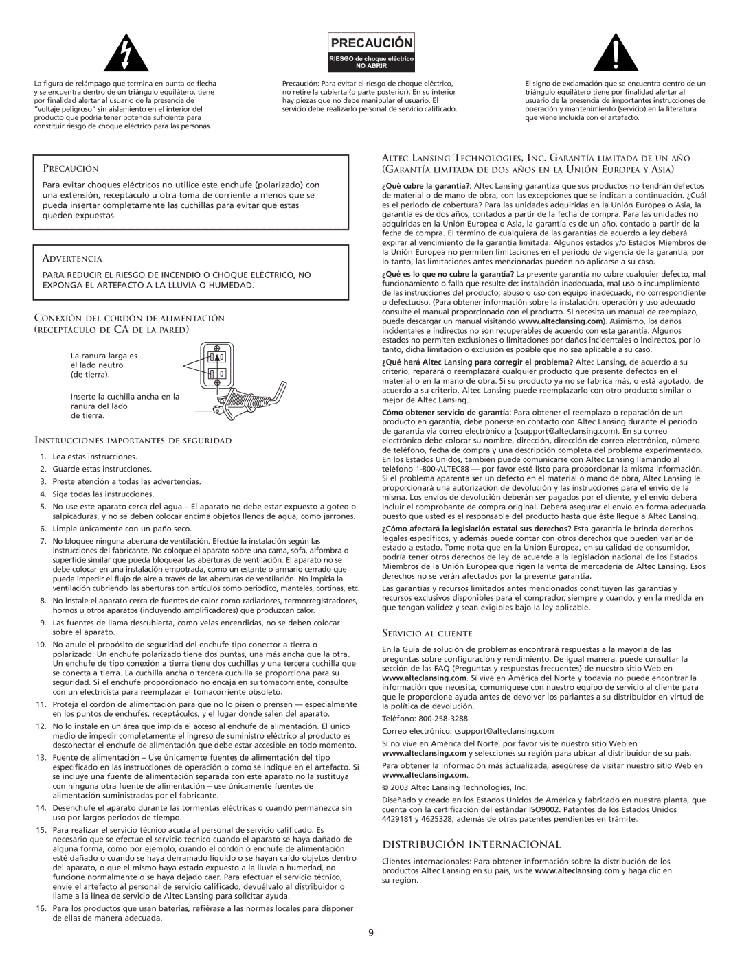 Altec Lansing VS4221 manual Distribución Internacional, Advertencia 