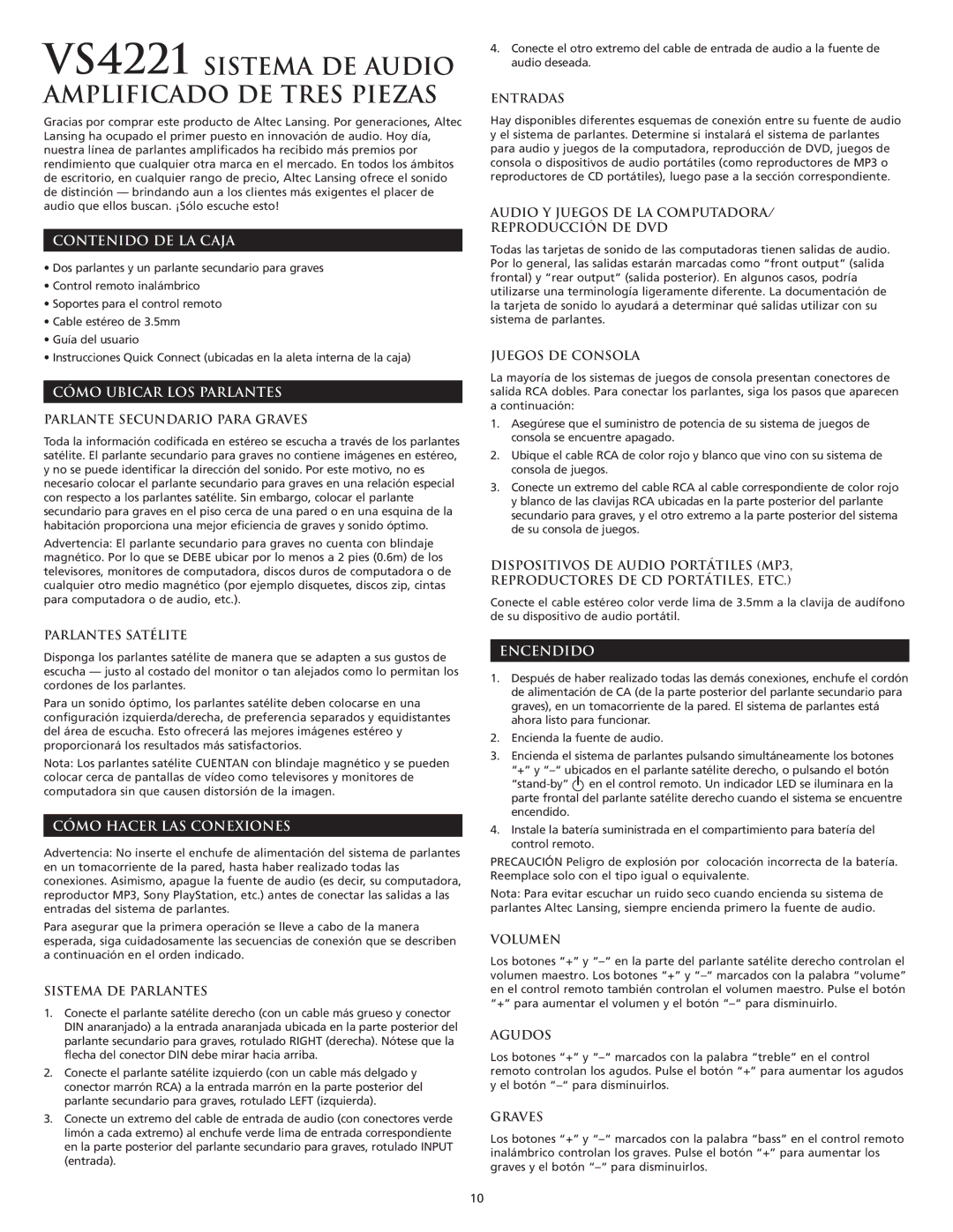 Altec Lansing VS4221 manual Contenido DE LA Caja, Cómo Ubicar LOS Parlantes, Cómo Hacer LAS Conexiones, Encendido 
