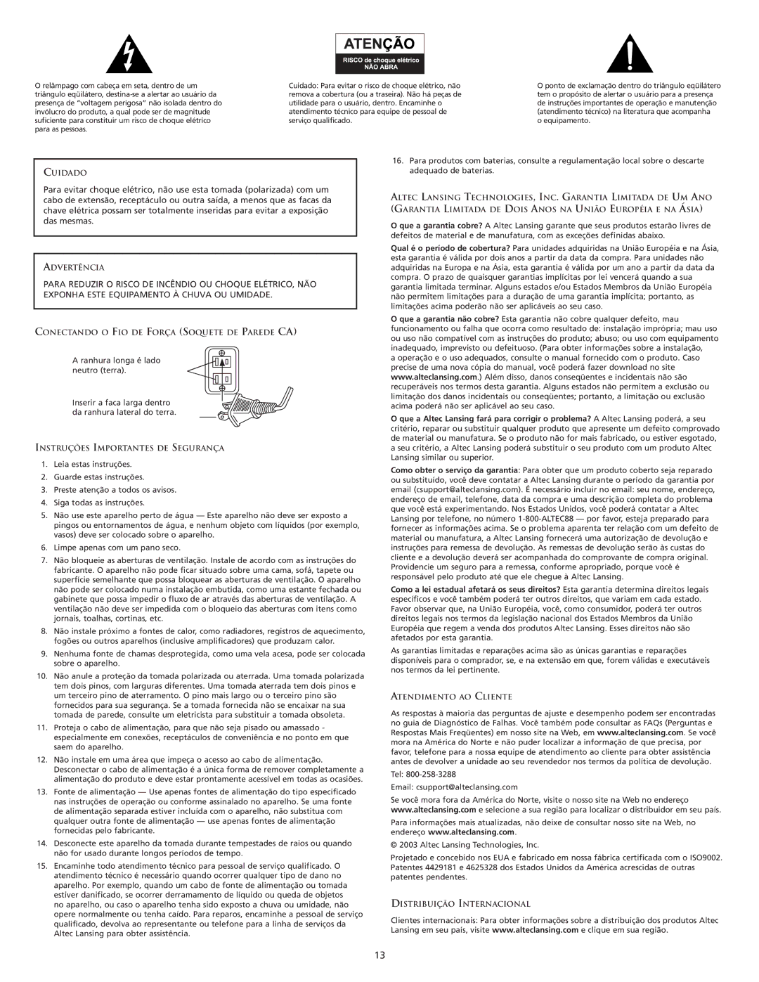 Altec Lansing VS4221 manual Para Reduzir O Risco DE Incêndio OU Choque ELÉTRICO, NÃO 