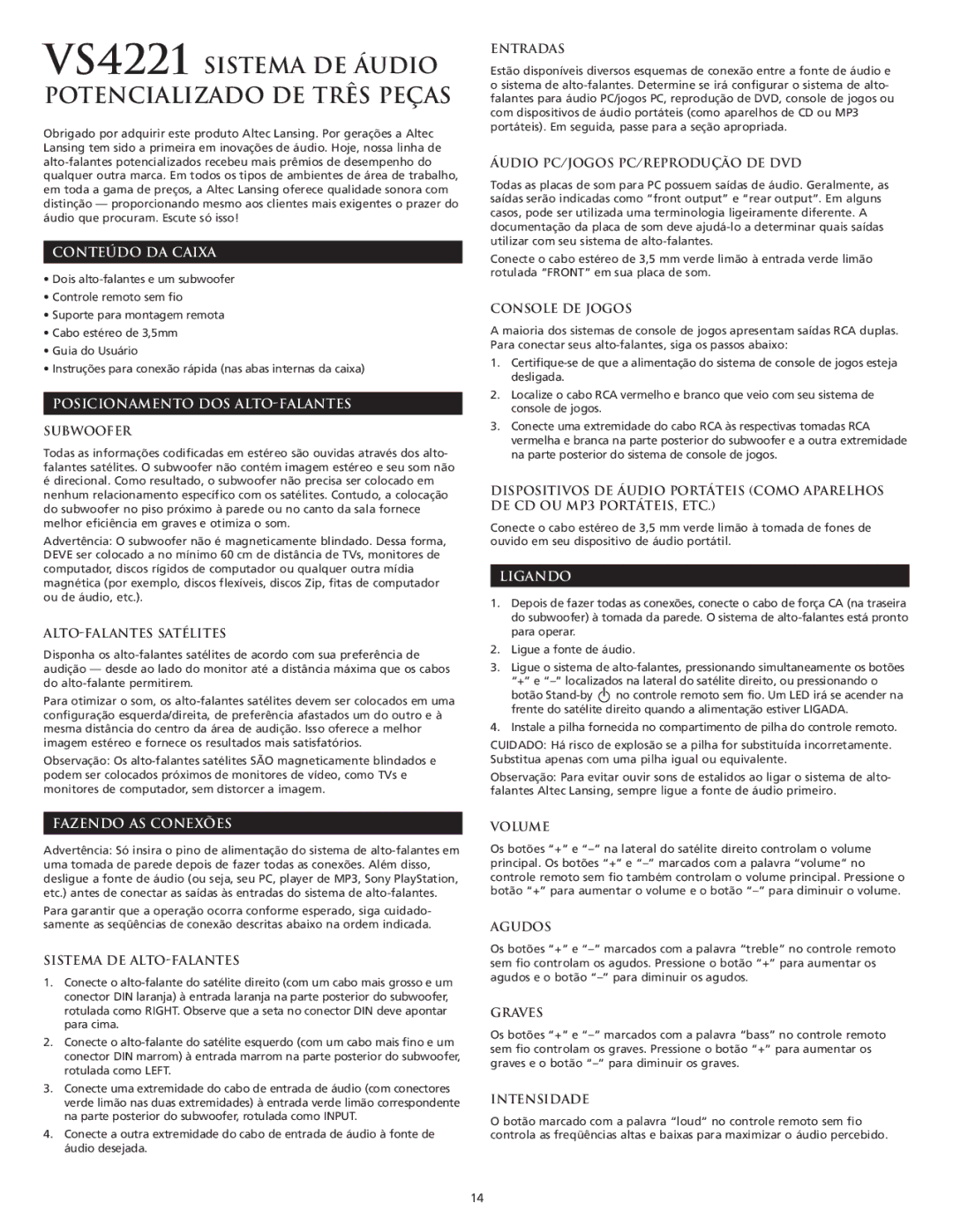Altec Lansing VS4221 manual Conteúdo DA Caixa, Posicionamento DOS ALTO-FALANTES, Ligando, Fazendo AS Conexões 
