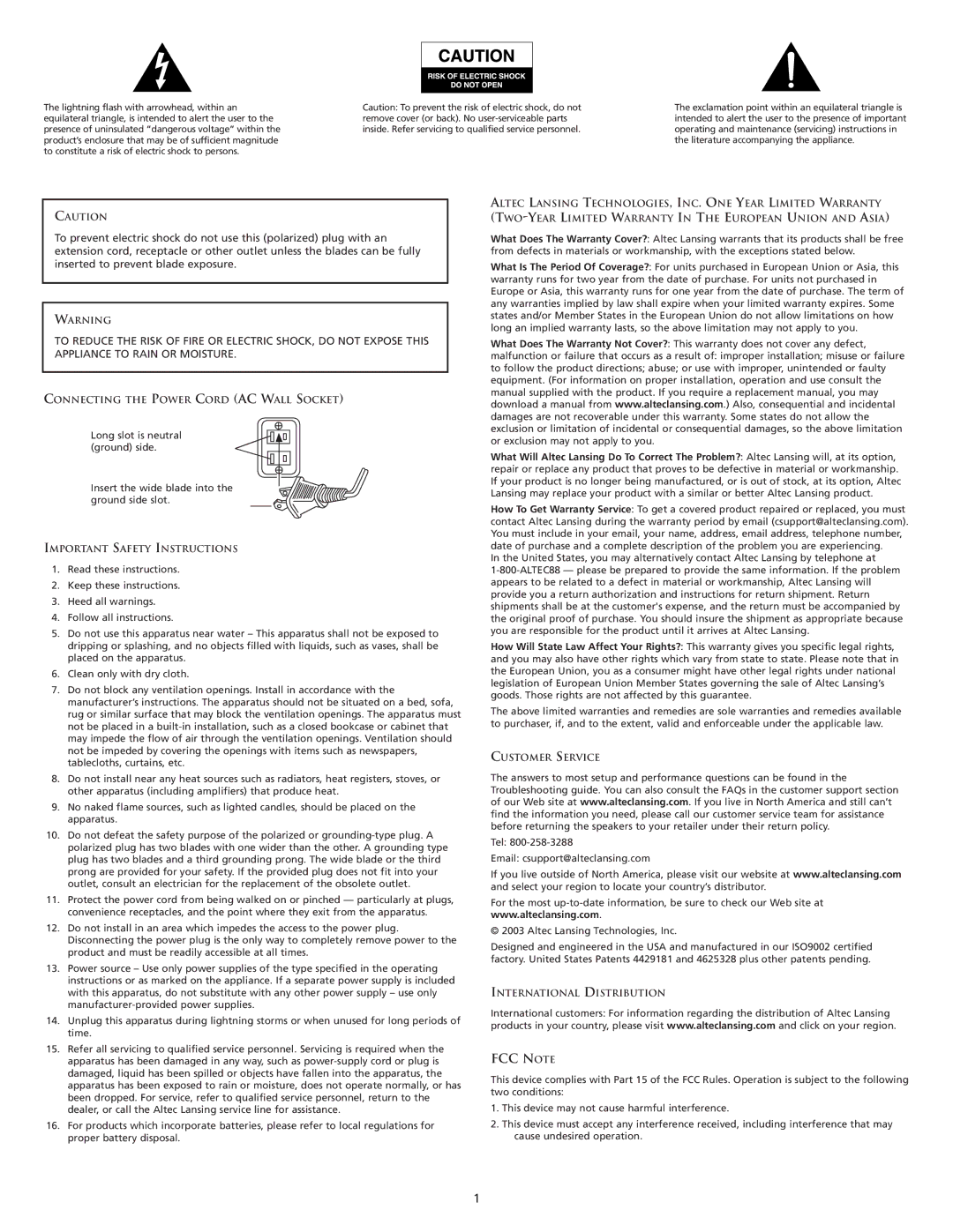 Altec Lansing VS4221 manual FCC Note 