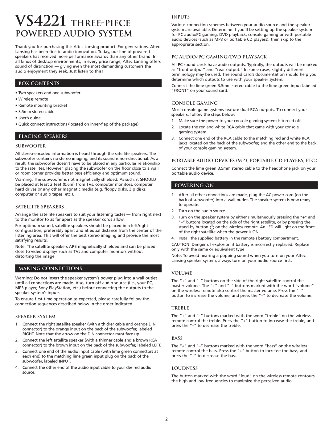 Altec Lansing VS4221 manual BOX Contents, Placing Speakers, Making Connections, Powering on 