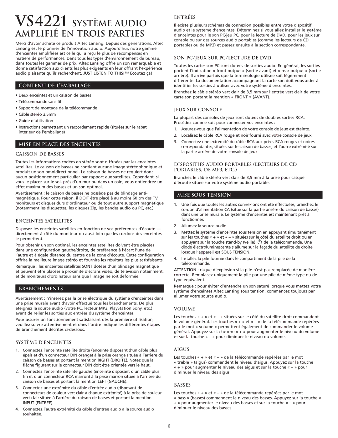 Altec Lansing VS4221 manual Contenu DE L’EMBALLAGE, Mise EN Place DES Enceintes, Branchements, Mise Sous Tension 