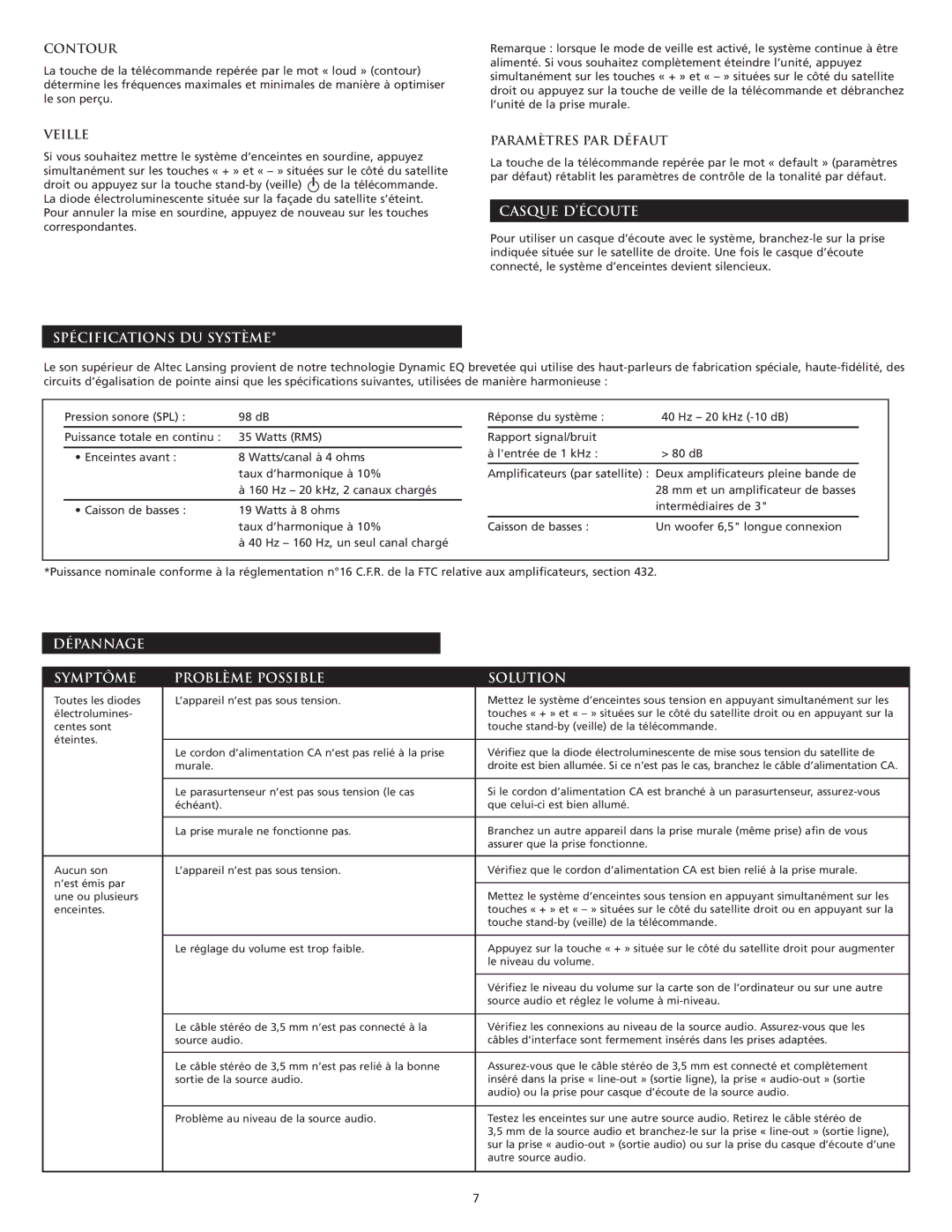 Altec Lansing VS4221 manual Spécifications DU Système, Casque D’ÉCOUTE, Dépannage Symptôme Problème Possible Solution 