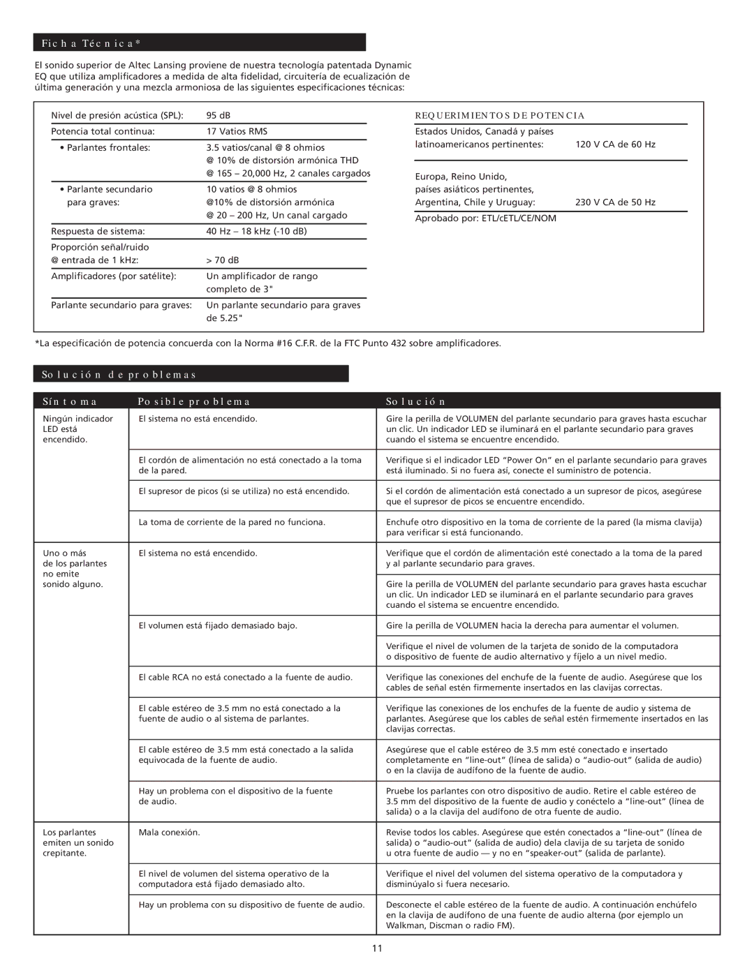 Altec Lansing XA2021 manual Ficha Técnica, Solución DE Problemas Síntoma Posible Problema, Requerimientos DE Potencia 
