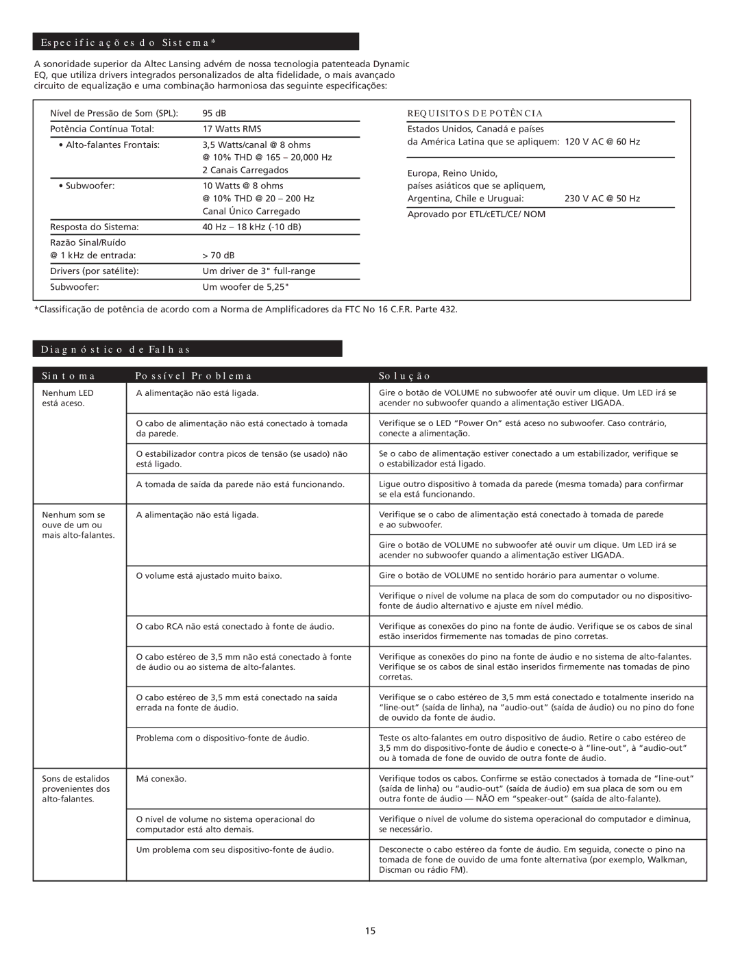 Altec Lansing XA2021 manual Especificações do Sistema, Diagnóstico DE Falhas Sintoma Possível Problema Solução 