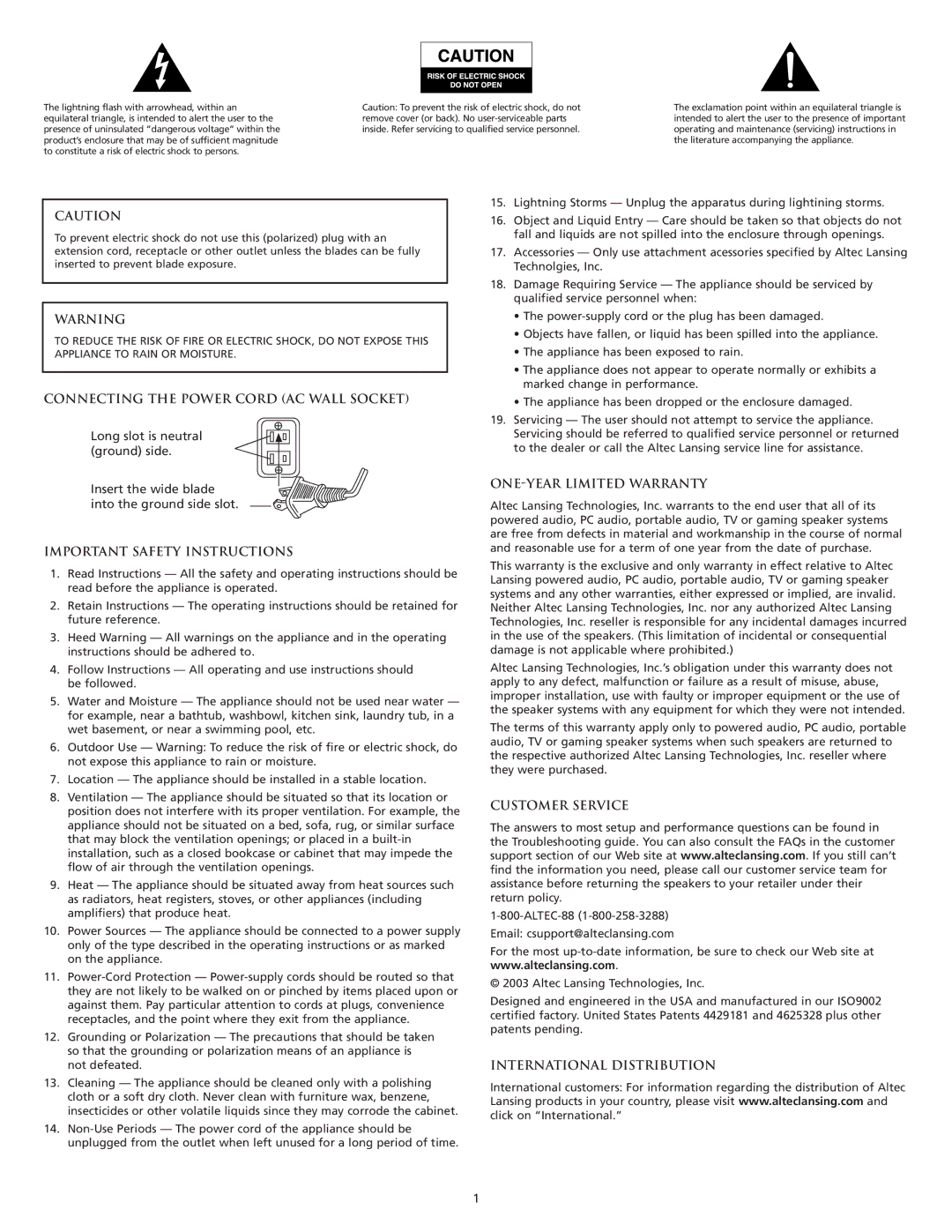 Altec Lansing XA2021 Connecting the Power Cord AC Wall Socket, Important Safety Instructions, ONE-YEAR Limited Warranty 