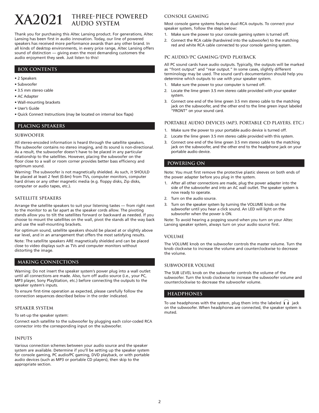Altec Lansing XA2021 manual BOX Contents, Placing Speakers, Making Connections, Powering on, Headphones 