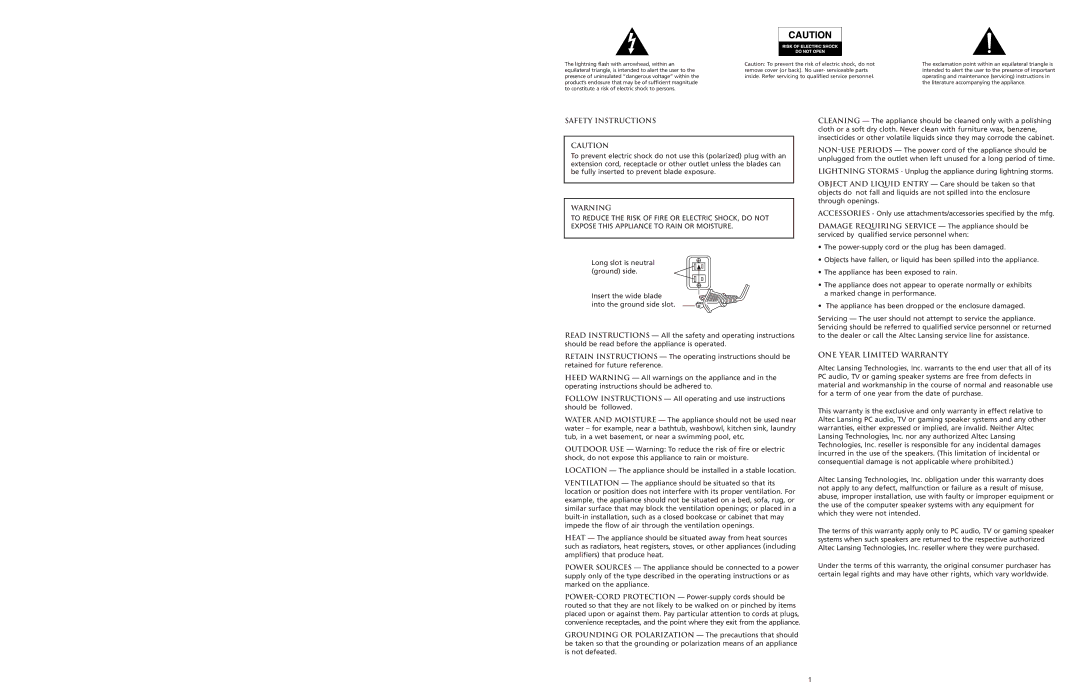 Altec Lansing XA3001 manual Safety Instructions, Connecting the Power Cord AC Wall Socket, ONE Year Limited Warranty 