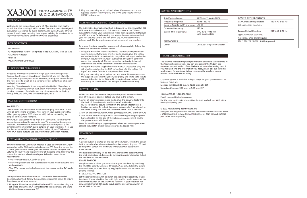 Altec Lansing XA3001 Welcome Alternative Connection Method, System Specifications, BOX Contents, Placing the Subwoofer 