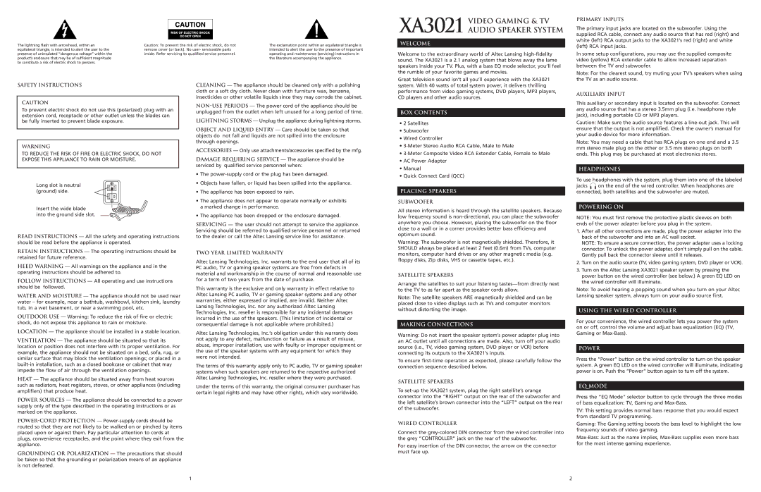 Altec Lansing XA3021 Welcome, Connecting the Power Cord AC Wall Socket, BOX Contents, Placing Speakers, Making Connections 