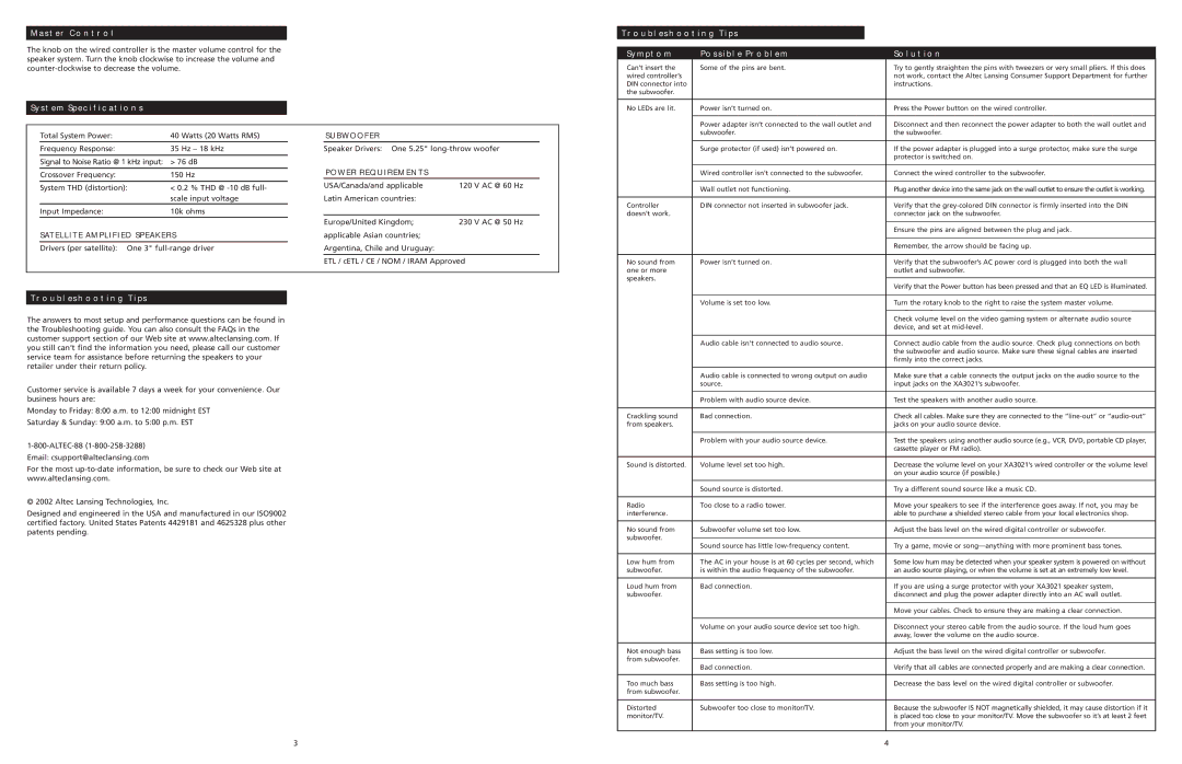 Altec Lansing XA3021 manual Master Control, System Specifications, Troubleshooting Tips 