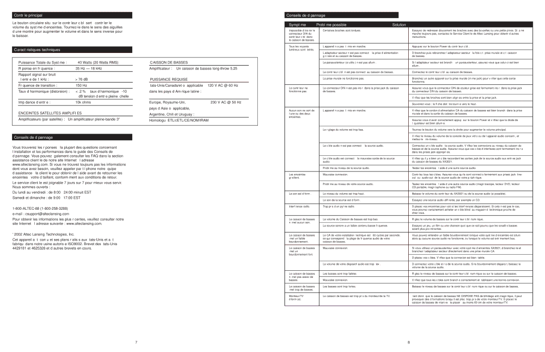 Altec Lansing XA3021 manual Contrôle Principal, Caractéristiques Techniques, Conseils DE Dépannage 