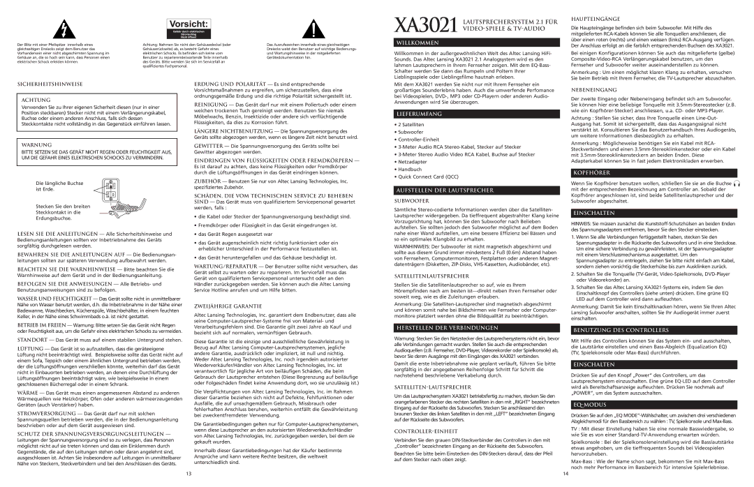 Altec Lansing manual XA3021 Lautsprechersystem 2.1 FÜR VIDEO-SPIELE & TV-AUDIO 