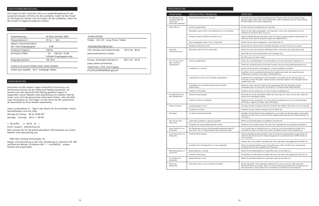 Altec Lansing XA3021 manual Lautstärkeregelung, Systemdaten, Fehlersuche Symptom Mögliches Problem Lösung 