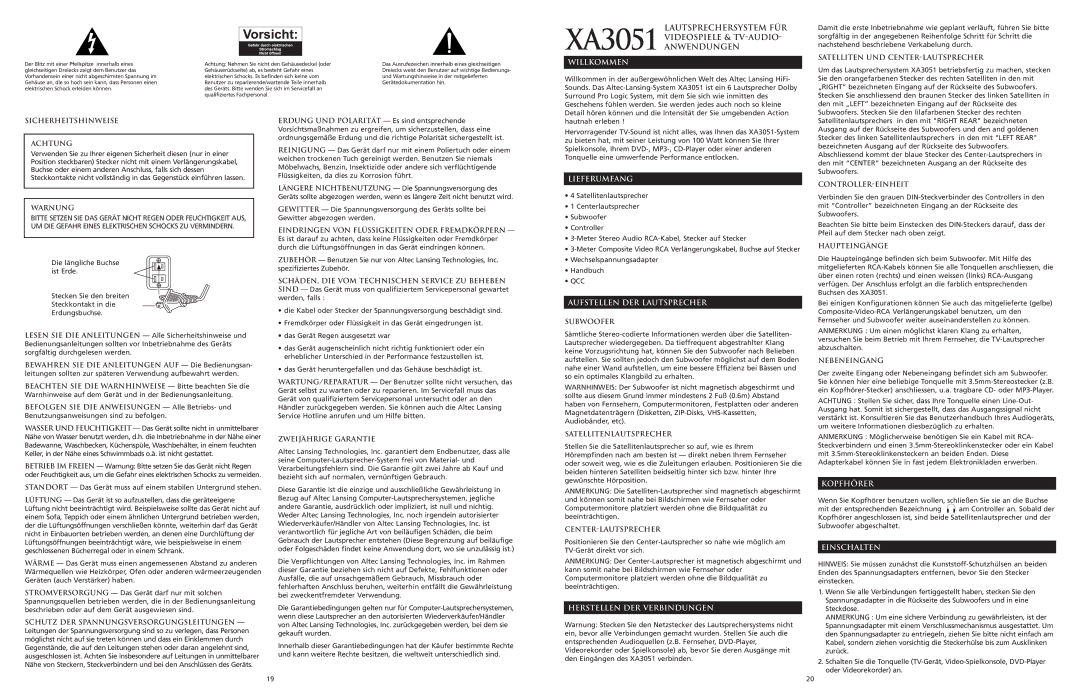 Altec Lansing XA3051 manual Willkommen, Lieferumfang, Aufstellen DER Lautsprecher, Herstellen DER Verbindungen, Kopfhörer 
