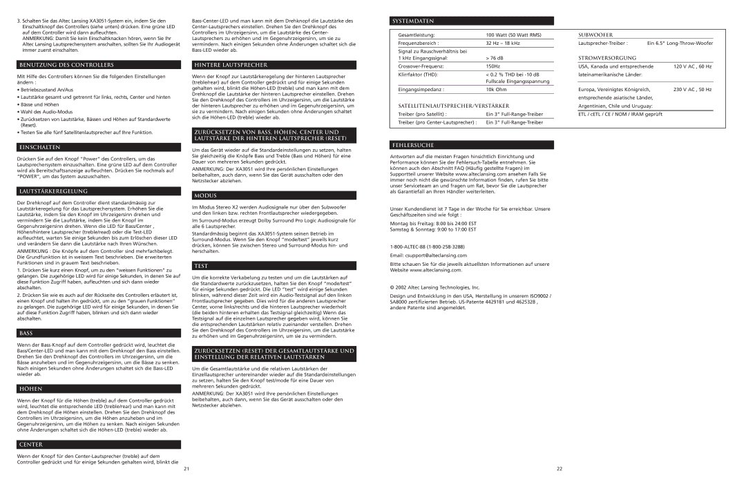 Altec Lansing XA3051 manual Systemdaten, Benutzung DES Controllers, Lautstärkeregelung, Höhen, Hintere Lautsprecher, Modus 
