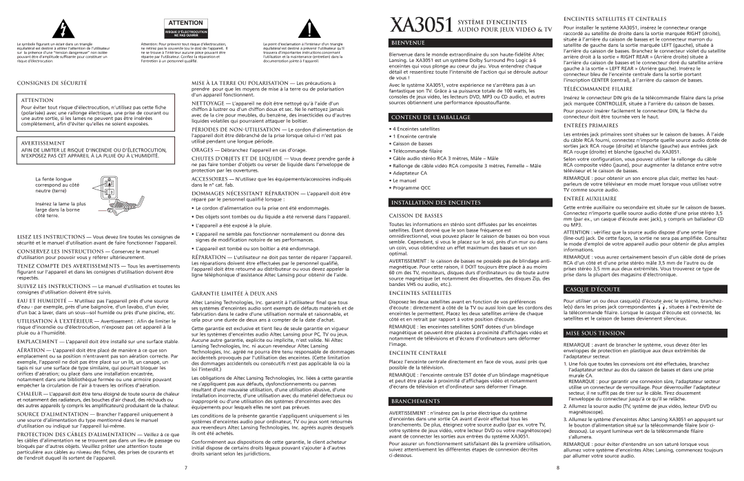 Altec Lansing XA3051 manual Bienvenue, Contenu DE L’EMBALLAGE, Installation DES Enceintes, Branchements, Casque D’ÉCOUTE 