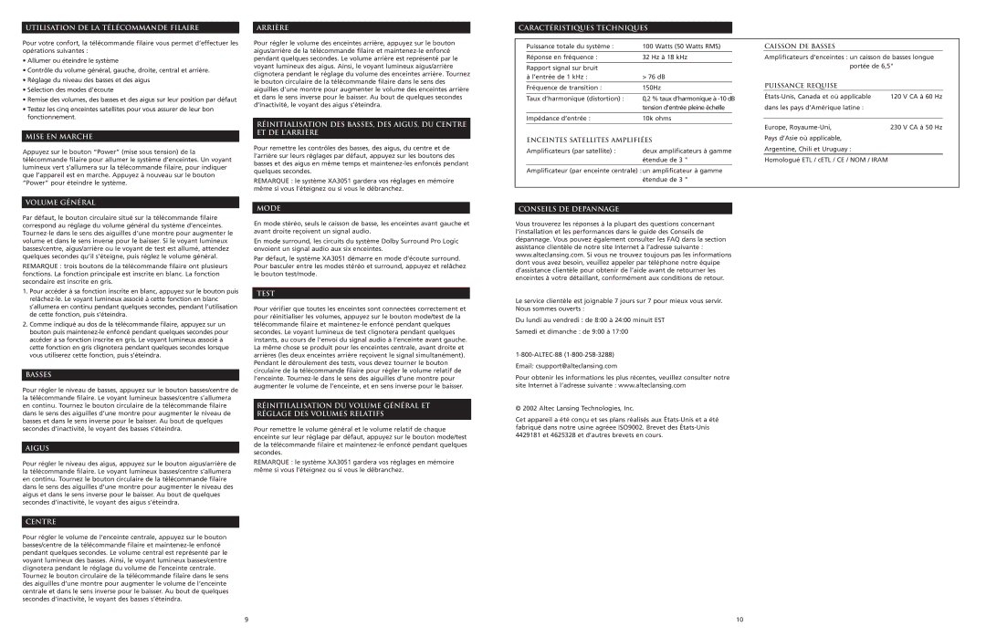 Altec Lansing XA3051 manual Utilisation DE LA Télécommande Filaire, Mise EN Marche, Volume Général, Basses, Aigus, Centre 