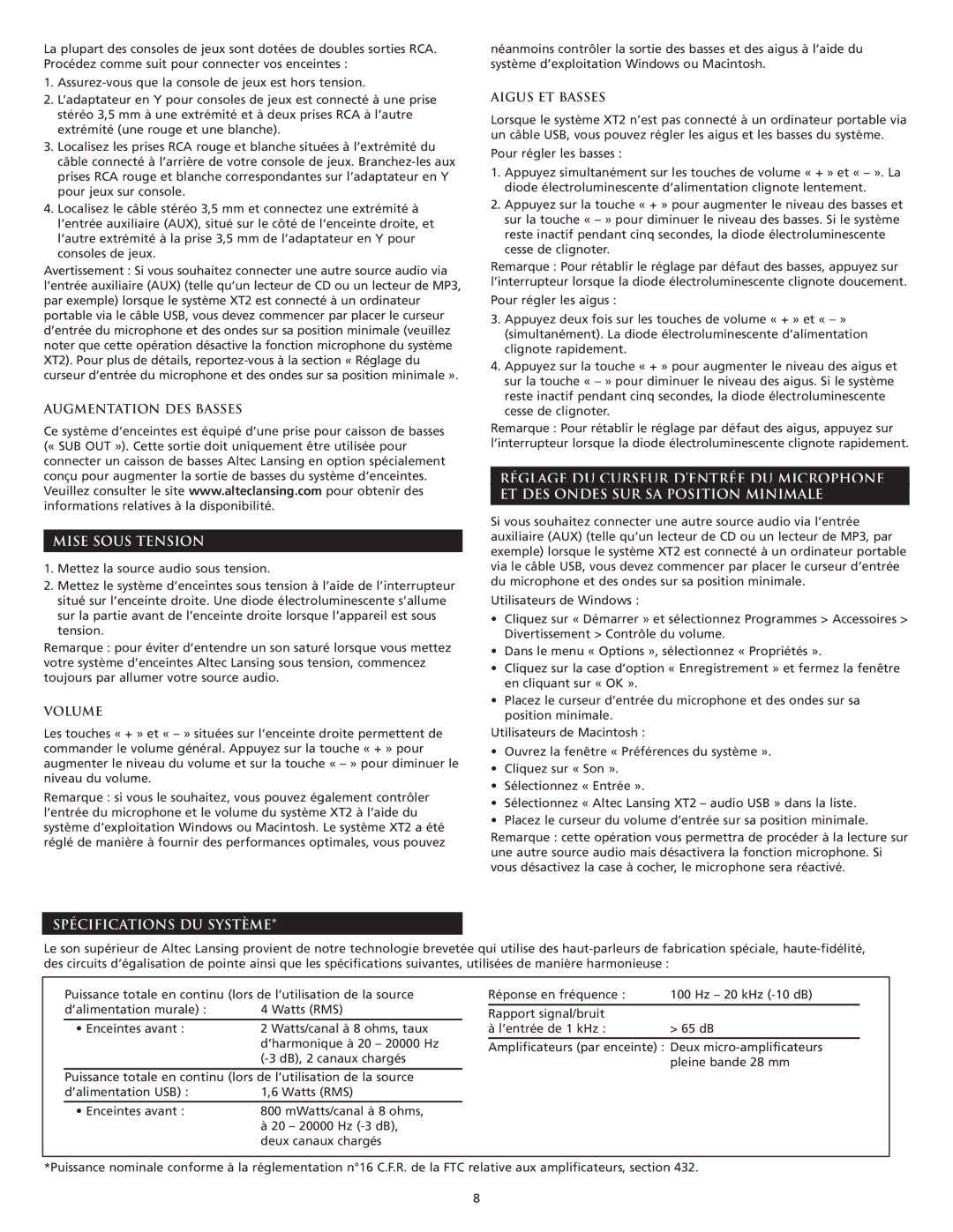Altec Lansing XT2 manual Augmentation DES Basses, Mise Sous Tension, Aigus ET Basses, Spécifications DU Système 