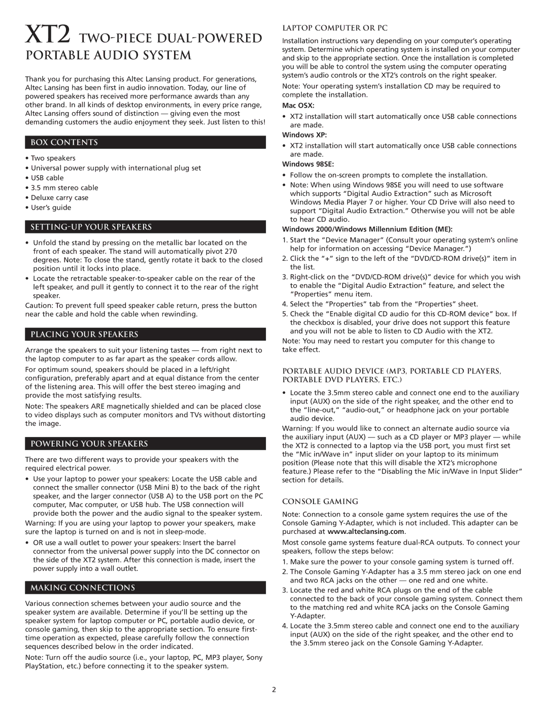 Altec Lansing XT2 manual BOX Contents, SETTING-UP Your Speakers, Placing Your Speakers, Powering Your Speakers 