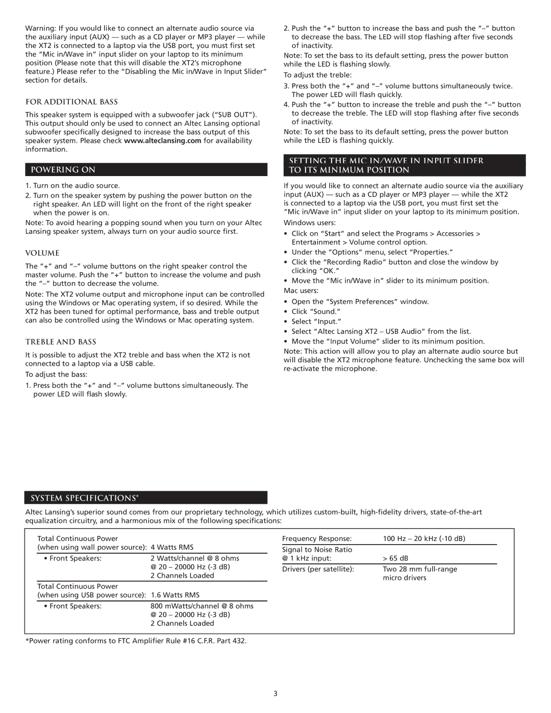 Altec Lansing XT2 manual For Additional Bass, Powering on, Volume, Treble and Bass, System Specifications 