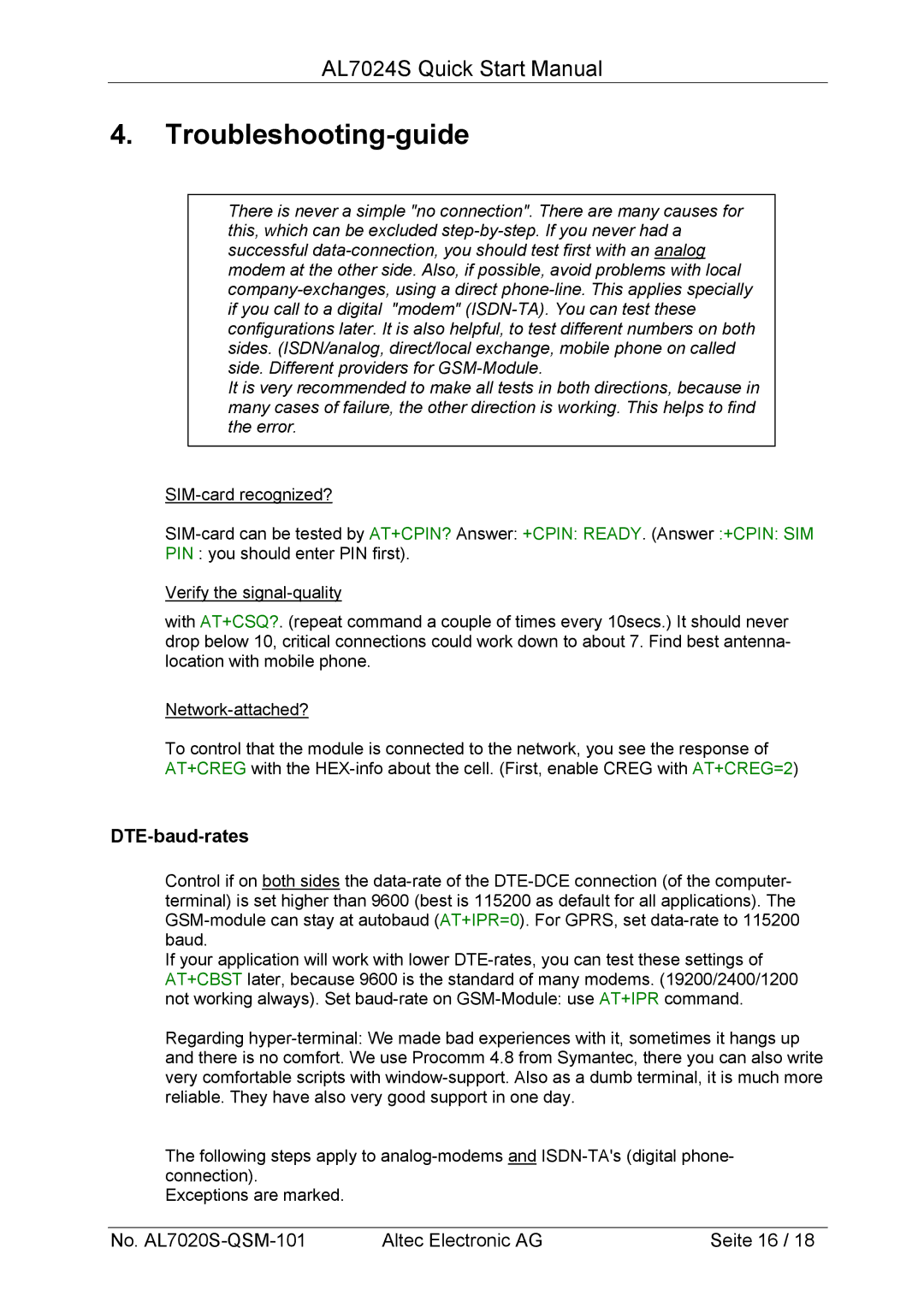 Altech Auto Security AL7024S manual Troubleshooting-guide, DTE-baud-rates 