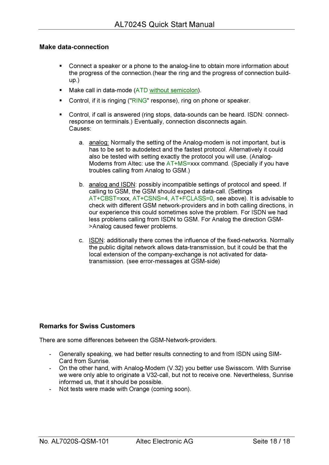 Altech Auto Security AL7024S manual Make data-connection, Remarks for Swiss Customers 