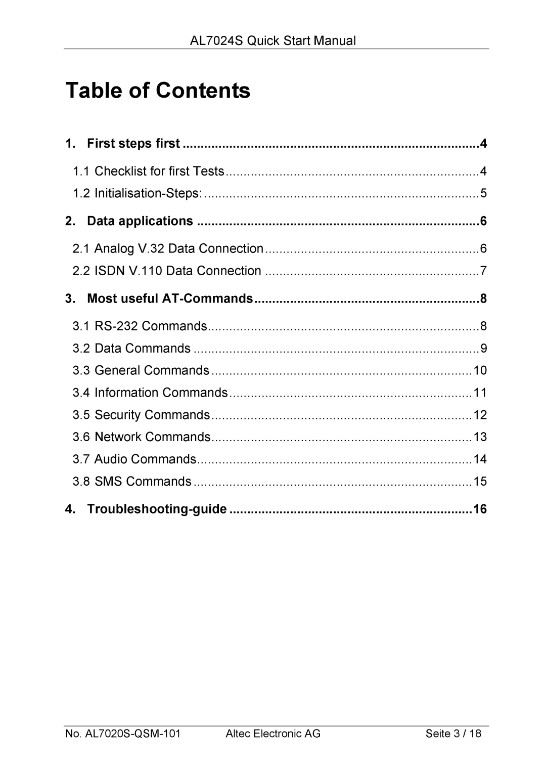 Altech Auto Security AL7024S manual Table of Contents 