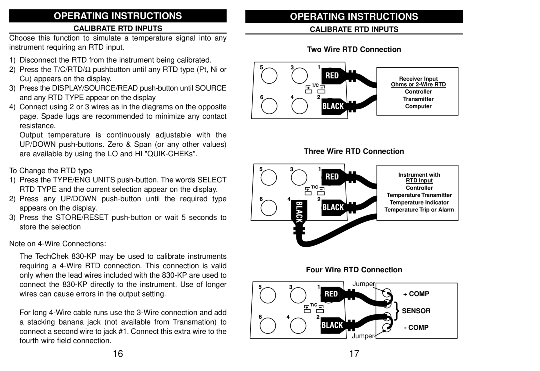 Altek 830-KP manual Calibrate RTD Inputs, Two Wire RTD Connection, Three Wire RTD Connection, Four Wire RTD Connection 