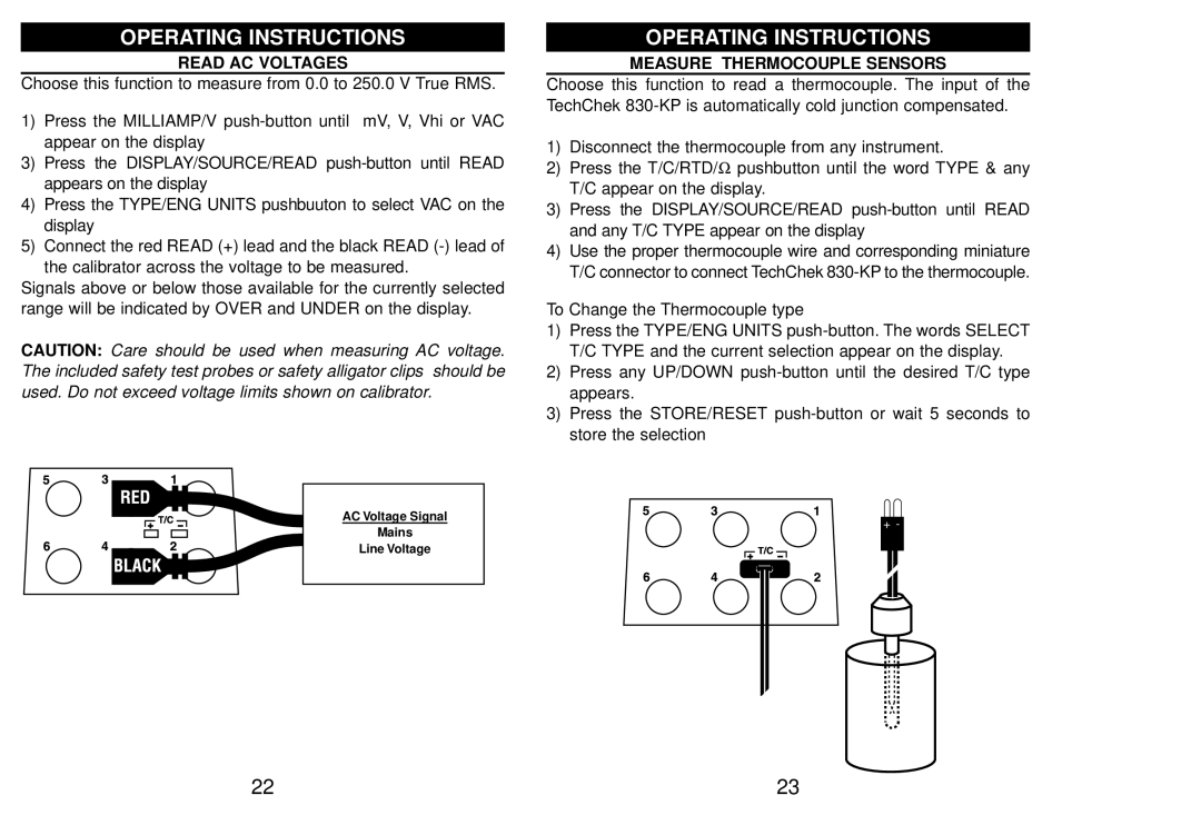 Altek 830-KP manual Read AC Voltages, Measure Thermocouple Sensors 