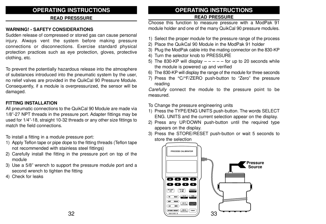 Altek 830-KP manual Read Presssure, Fitting Installation, Read Pressure 