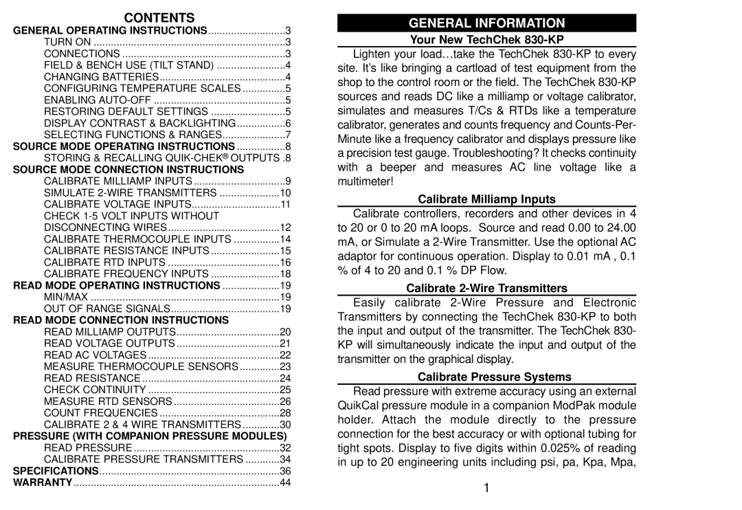 Altek 830-KP manual Contents, General Information 