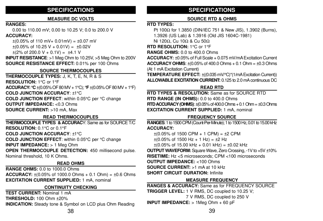 Altek 830-KP manual Measure DC Volts Ranges, Cold Junction Accuracy ±1C, Read Thermocouples, Read Ohms, Continuity Checking 