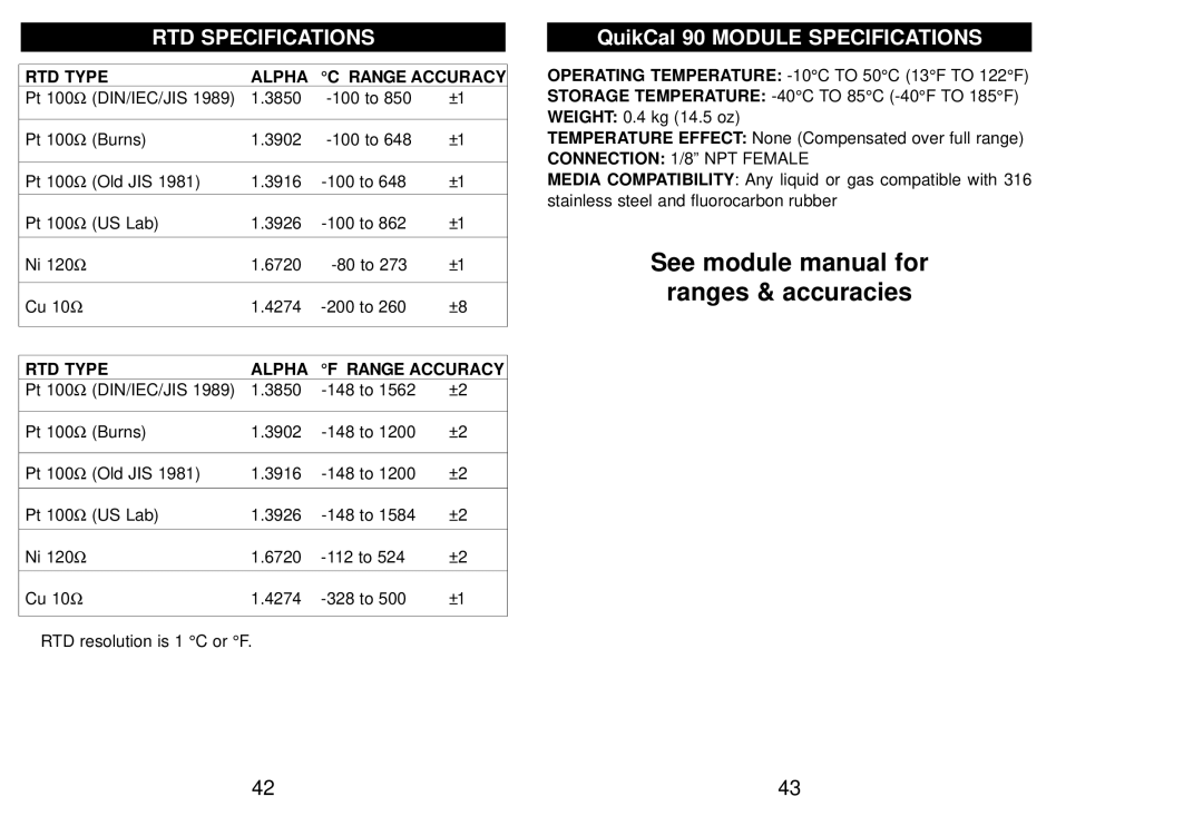 Altek 830-KP manual RTD Specifications, RTD Type Alpha Range Accuracy 