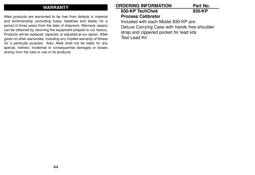 Altek 830-KP manual Warranty, Ordering Information 