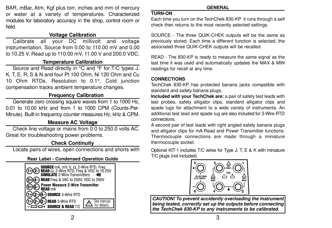 Altek 830-KP manual Rear Label Condensed Operation Guide, General TURN-ON, Connections 