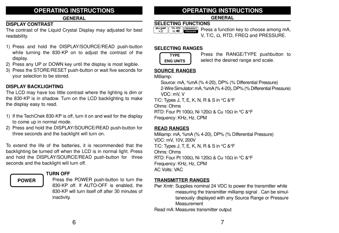 Altek 830-KP manual General Display Contrast, Display Backlighting, Turn OFF, Power, Selecting Functions, Selecting Ranges 