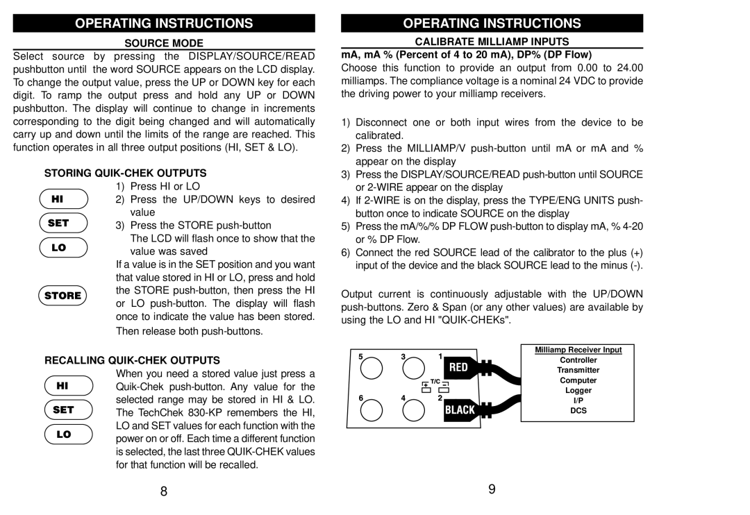 Altek 830-KP manual Source Mode, Storing QUIK-CHEK Outputs, Recalling QUIK-CHEK Outputs, Calibrate Milliamp Inputs 