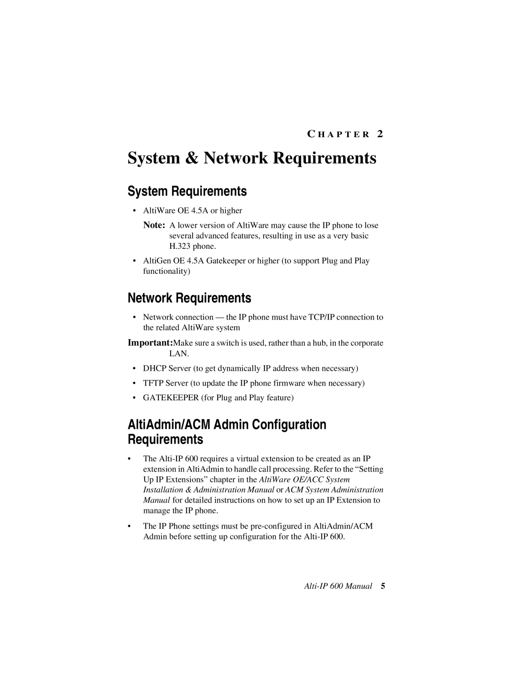 AltiGen comm 600 manual System & Network Requirements, System Requirements, AltiAdmin/ACM Admin Configuration Requirements 