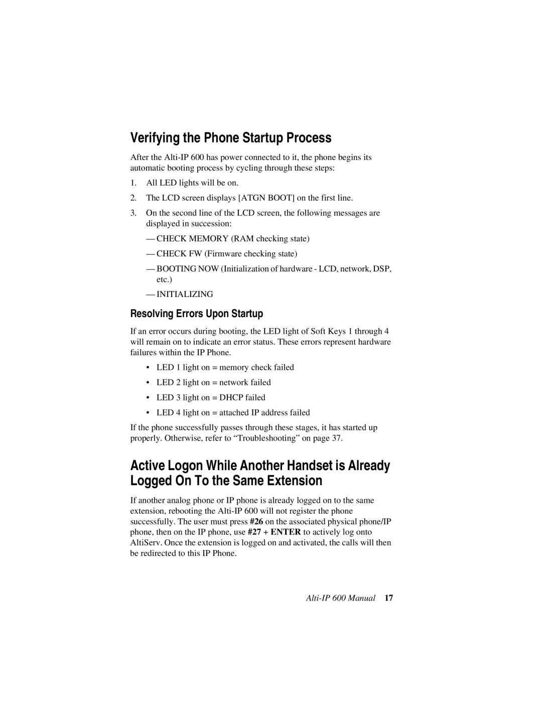 AltiGen comm 600 manual Verifying the Phone Startup Process, Resolving Errors Upon Startup 