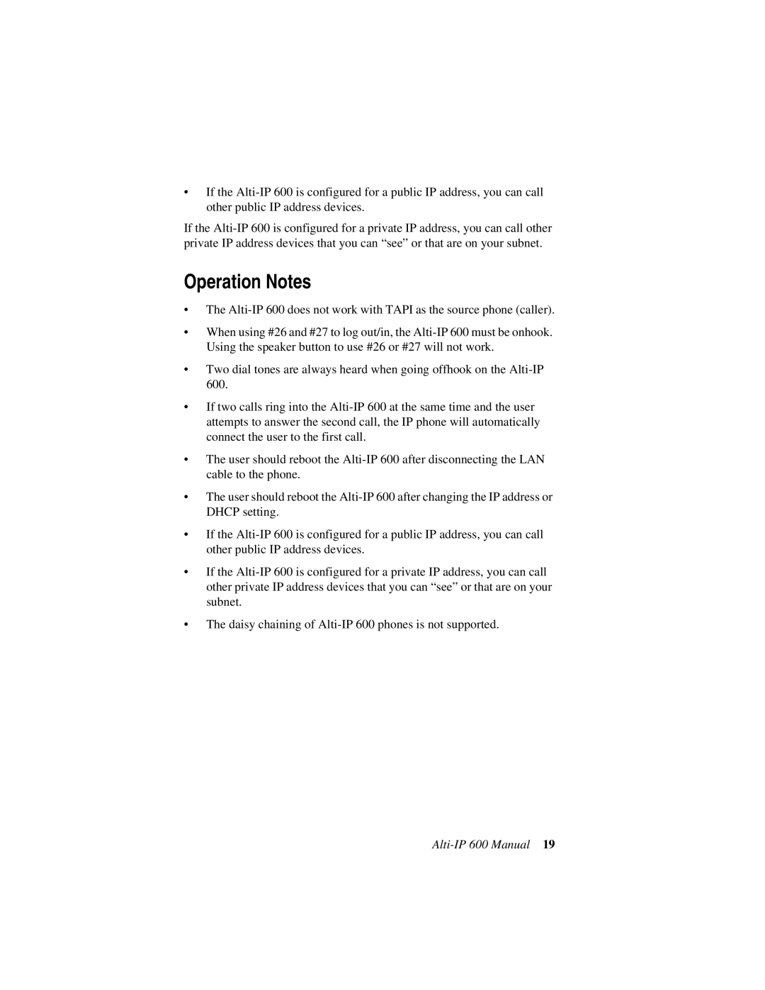 AltiGen comm 600 manual Operation Notes 