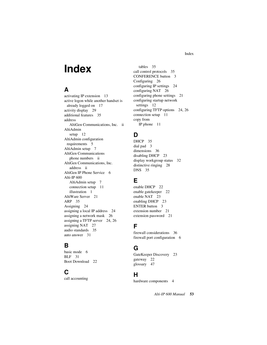 AltiGen comm 600 manual Index 