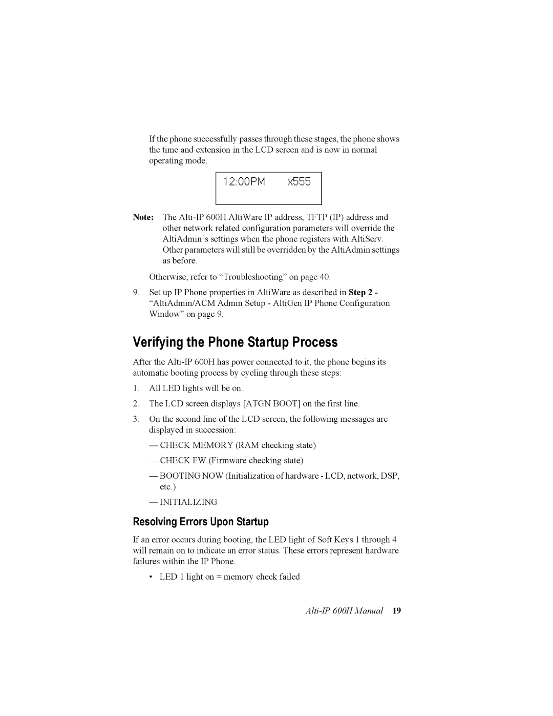 AltiGen comm 600H manual Verifying the Phone Startup Process, Resolving Errors Upon Startup 