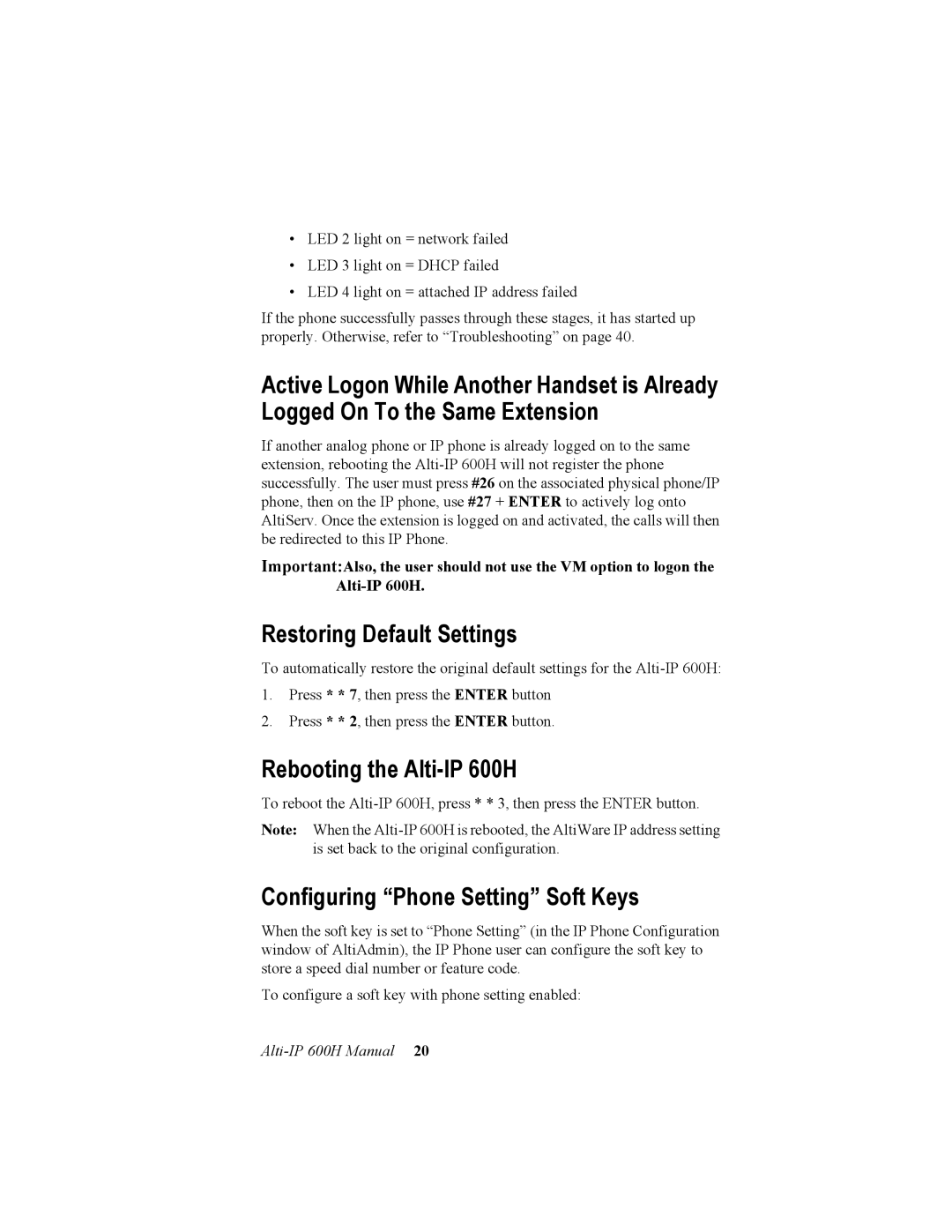 AltiGen comm manual Restoring Default Settings, Rebooting the Alti-IP 600H, Configuring Phone Setting Soft Keys 
