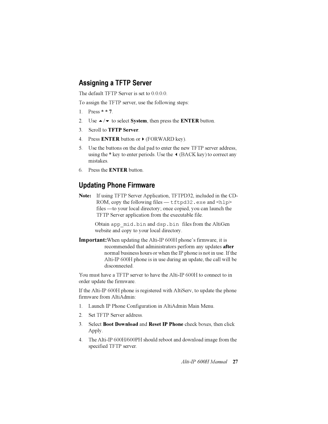 AltiGen comm 600H manual Assigning a Tftp Server, Updating Phone Firmware 