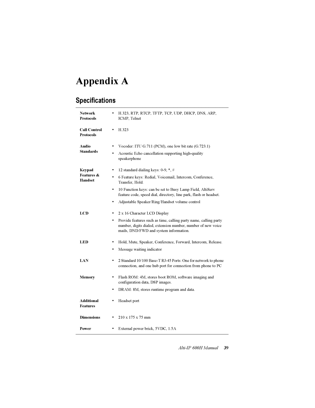 AltiGen comm 600H manual Appendix a, Specifications 