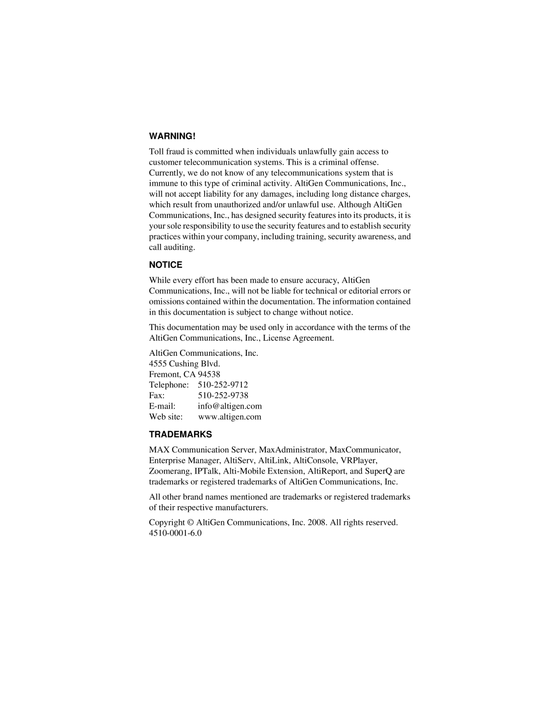 AltiGen comm 6/2008 4510-0001-6.0 manual Trademarks 